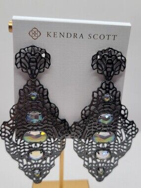 Kendra Scott Black Filigree Earrings Rare And Retired Iridescent Stones Gunmetal